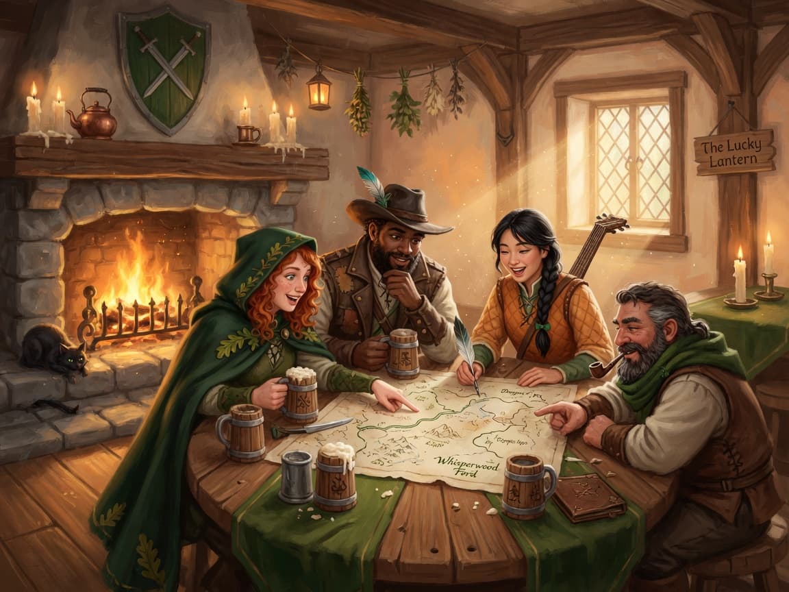 A group of adventurers gathered around a map by the tavern fire